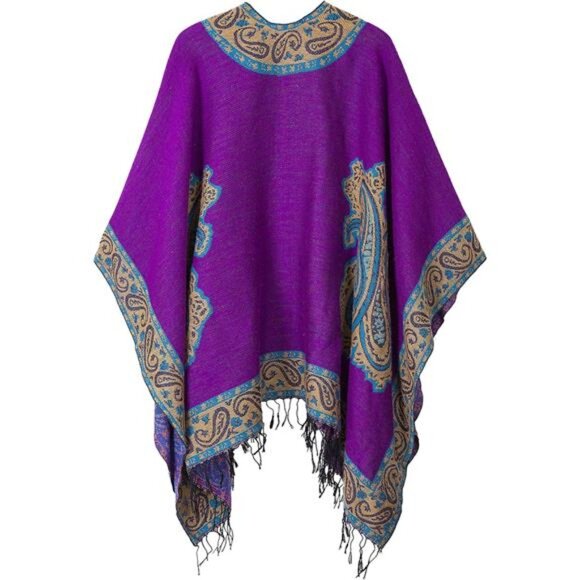 Women's Retro Style Vintage Pattern Tassel Poncho Shawl Cape Wraps - Picture 2 of 7